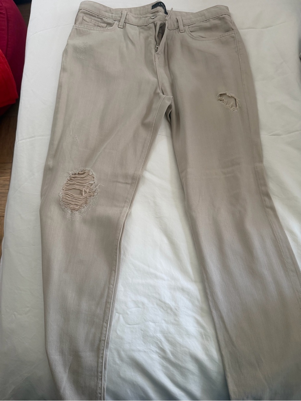 J Brand Straight-Leg Jeans in Light Beige with Distressed Knees